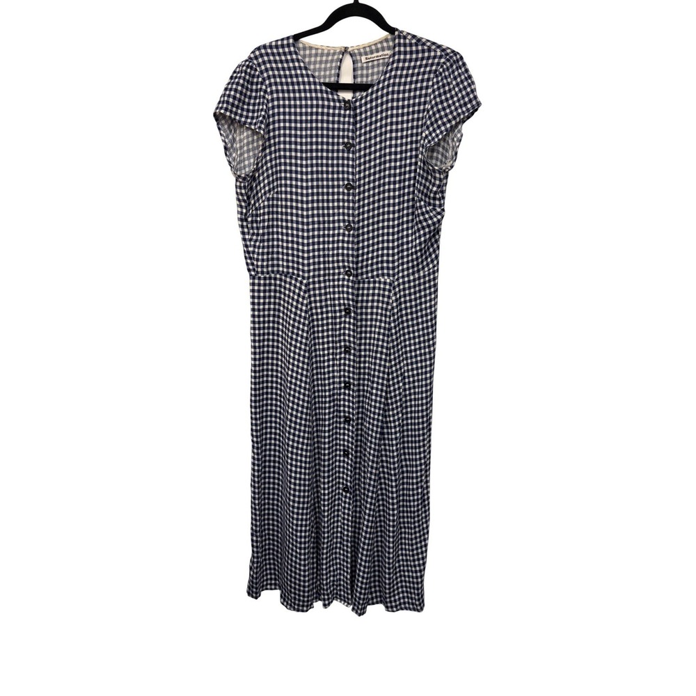 Reformation Gingham Midi Dress 12 Navy Button Front Cap Sleeve Preppy Picnic